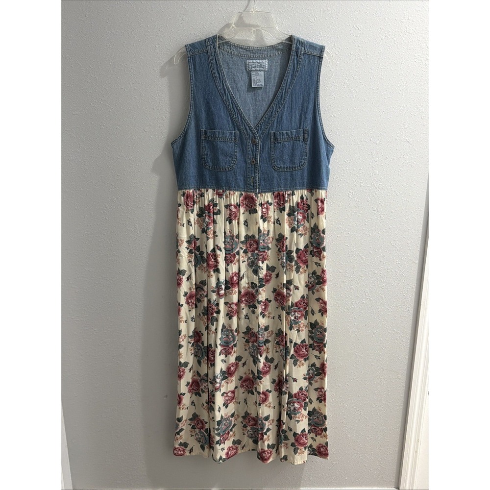 Vintage Y2K True Blue Denim Multicolor Floral V-Neck Jean Sleeveless Dress L